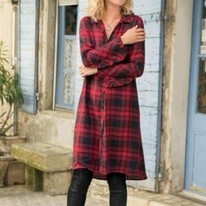 Soft Surroundings Bennington Red Black Plaid Ruffle Sleeve Shirt Dress Size S